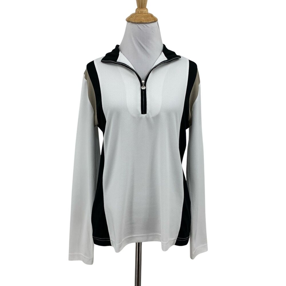 Daily Sports Polo Shirt Womens M White Black Quarter Zip Long Sleeve Performance